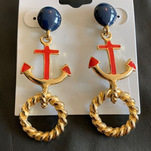 Vintage‎ Costal Nautical Anchor Navy Blue Sail Boat Gold Tone Earrings - Picture 5 of 5